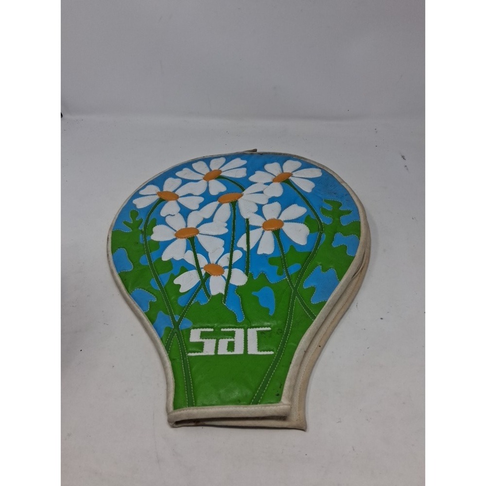 Vintage SAC Tennis Racquet Cover Green Blue White Daisy Floral Retro 70s PaddedG